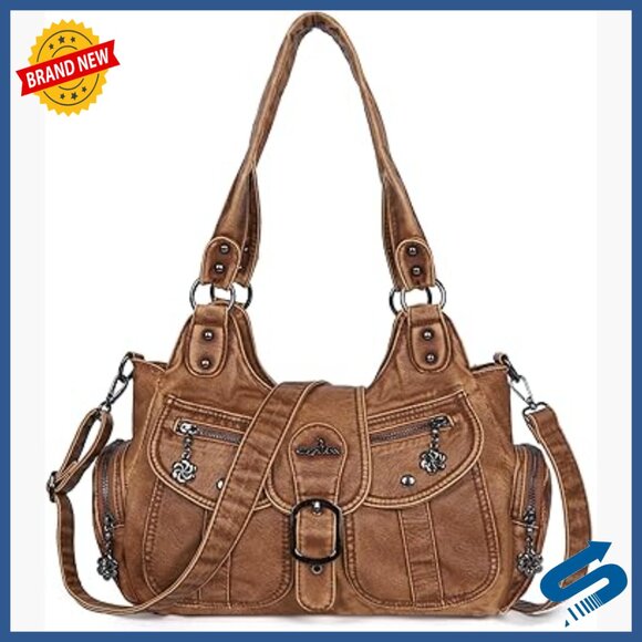 Handbags - Vegan Leather Hobo Tote with Crossbody Strap, Roomy 7-Pocket Design